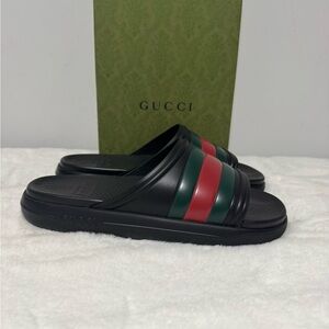 Gucci Black Slides with Red and Green Accents